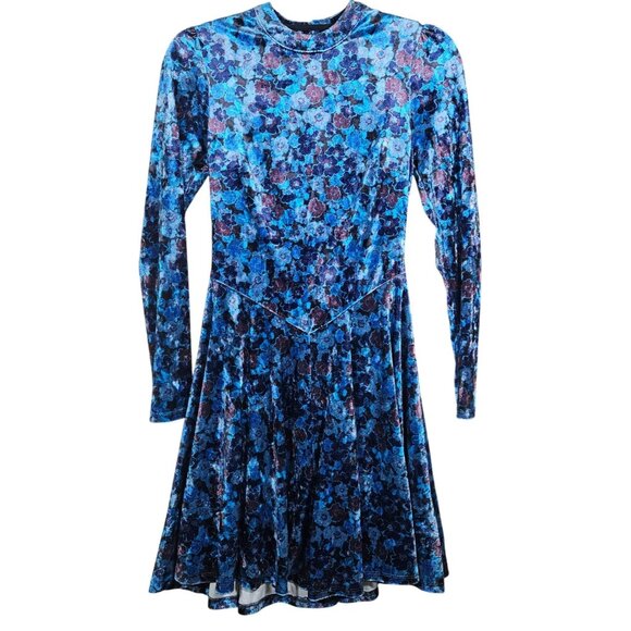 Free People Blue Velvet Floral Mini Dress XS Coquette Indie Academia Fall Look - Picture 2 of 9